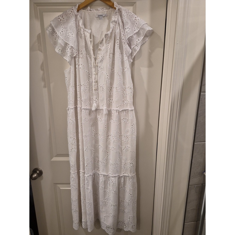 Chico's White Eyelit Maxi Sun Dress, Chico's Size 4, Women's 20, Tiered Cottage